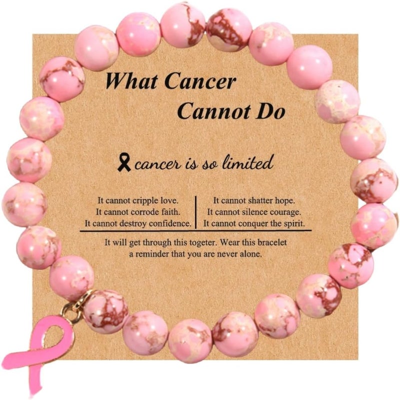 Breast Cancer Bracelets Natural Stone What Cancer Cannot Do Inspirational Bracelet for Women Pink Ribbon Cancer Awareness Handmade Beaded Encouragement Gift With Message Card